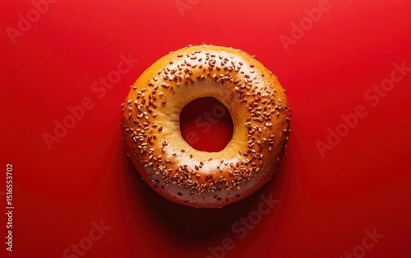 Obraz Top-down view of whole grain bagel with sesame seeds on vibrant red background.