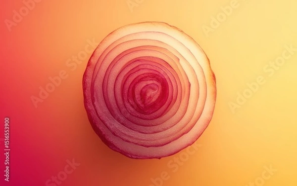 Obraz Red onion cut in half showing rings on yellow-red gradient.