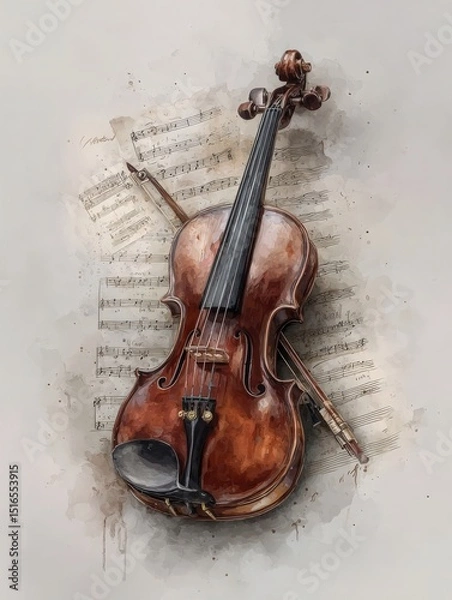 Obraz A beautifully crafted violin lies on top of scattered musical sheets, accompanied by its bow and a pencil. Soft hues and artistic splashes add a creative touch to the composition.