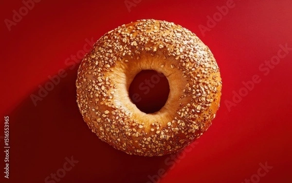 Obraz Top-down view of whole grain bagel with sesame seeds on vibrant red background.