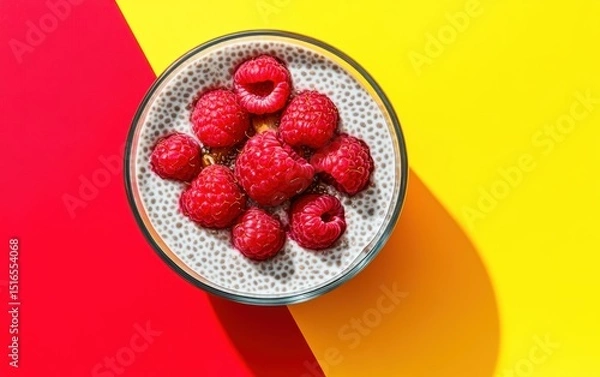 Obraz Top-down view of chia seed pudding with almond butter and raspberries on a yellow-red background.