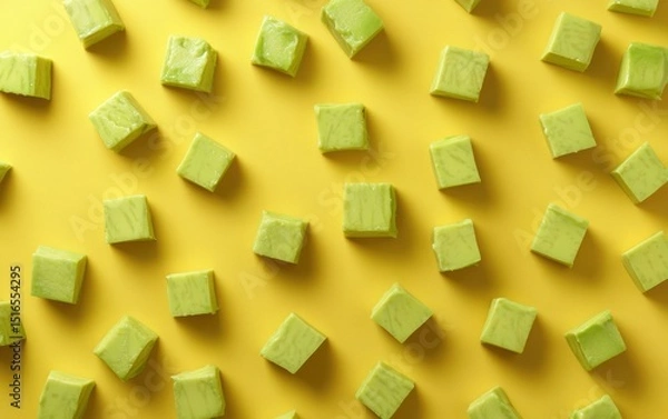 Obraz Avocado cubes arranged in a pattern on yellow background.