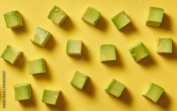 Obraz Avocado cubes arranged in a pattern on yellow background.