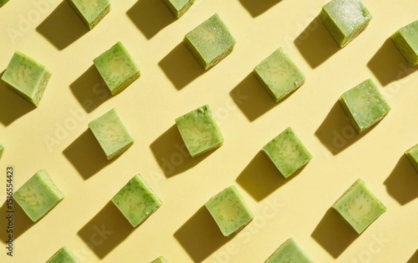 Obraz Avocado cubes arranged in a pattern on yellow background with hard shadows.