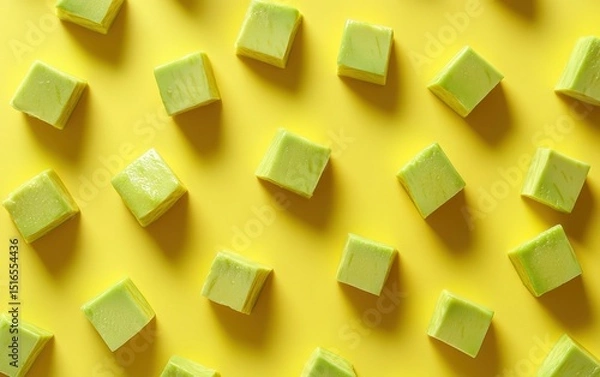 Obraz Avocado cubes arranged in a pattern on yellow background.