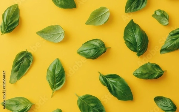 Obraz Fresh basil leaves arranged in a pattern on yellow background.