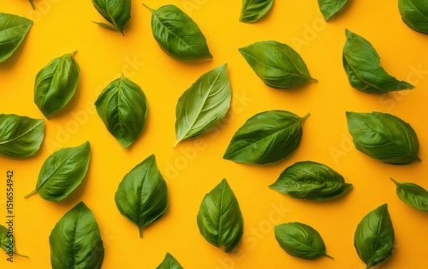 Obraz Fresh basil leaves arranged in a pattern on yellow background.