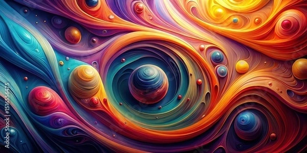 Fototapeta Abstract swirling cosmos of vibrant hues and celestial spheres, a mesmerizing display of colorful cosmic energy and planetary forms in dynamic motion