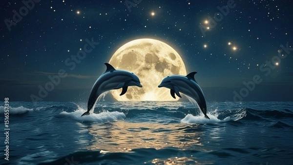 Fototapeta Two dolphins leaping in perfect unison above the dark ocean waves. 