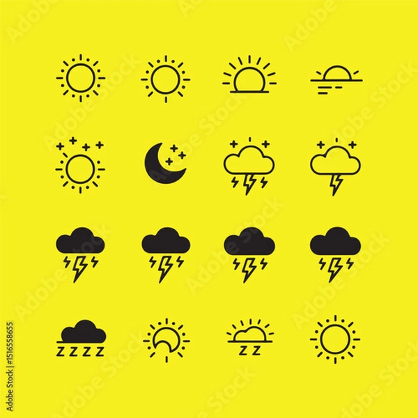 Fototapeta Weather icons set sun moon clouds and lightning in flat style
