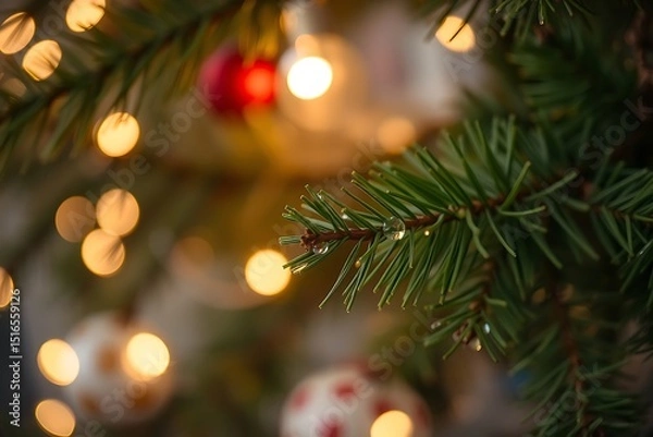 Fototapeta Close-up of Christmas Tree Branches with Ornaments and Lights