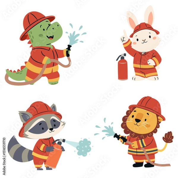 Obraz Set of flat vector illustrations in simple children's style on white background on fire theme. Cute raccoon, hare, crocodile and lion in firemen costume putting out fires. Vector illustration