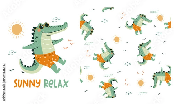 Obraz Set of vector prints for printing on children's products. Cute crocodile in swim trunks and sunglasses, caption. Seamless vector pattern. Vector illustration