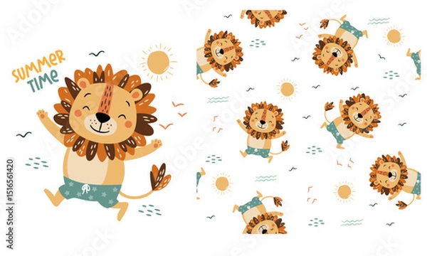 Obraz Set of vector prints for printing on children's products. Cute lion in swimming trunks, caption. Seamless vector pattern. Vector illustration