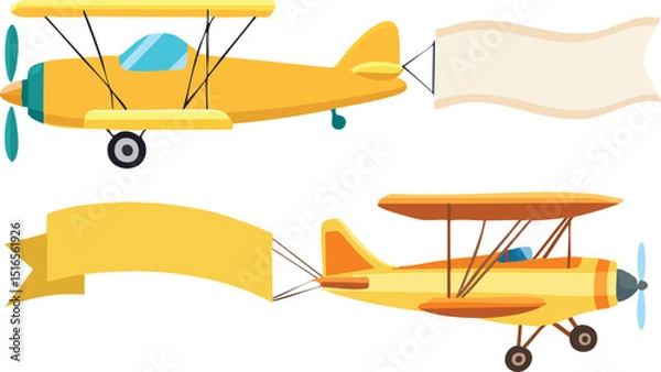Fototapeta Vector Illustration of Two Vintage Cartoon Biplanes with Blank Banners in Warm Yellow and Orange Tones on a White Background – Playful and Cheerful Retro Design

