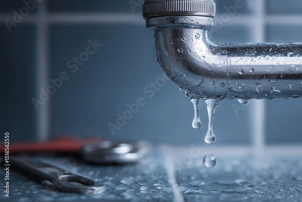 Fototapeta Close-up photo of a chromium stainless steel pipe leaking water under a bathroom sink, clear droplets forming and falling from a joint or crack, water pooling below, modern blue-tiled bathroom backgro