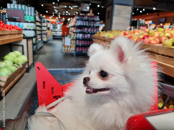 Fototapeta Fluffy white dog in a shopping cart inside a store with aisles filled with fruits and vegetables. The dog looks content, showing its teeth slightly, contrasting with vibrant produce