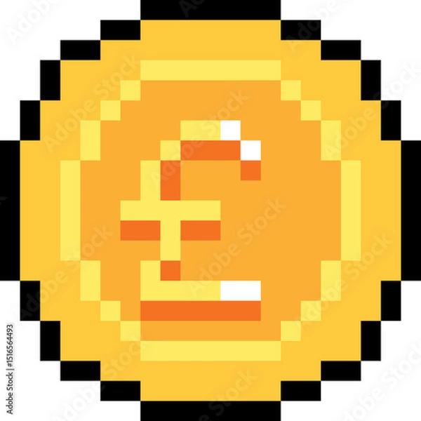 Obraz Pixel art coin with British Pound symbol £ – 8-bit golden coin for retro games and finance icons