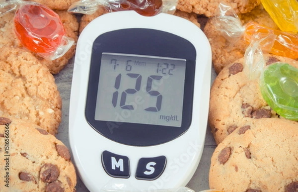 Obraz Glucometer with high sugar level, candies and cookies. Healthy nutrition and reduction eating sweets during diabetes