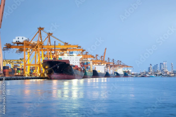Fototapeta Gantry crane or crane port working with cargo container on large cargo ship at side view in twilight. Beside jaopraya river, Bangkok of Thailand. Concept of transport, global trade and import export.