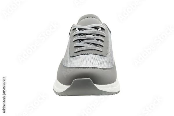 Fototapeta Front view of a modern grey and white sneaker with laces, sporty casual footwear, isolated on transparent background