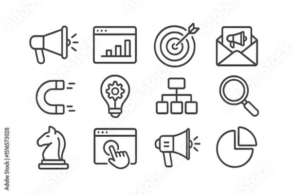 Fototapeta Various symbols representing digital marketing strategy and analytics concepts in a linear design on a light background