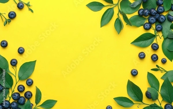 Obraz Top-down view of fresh blueberries with green leaves on yellow background. Free space, space for text.
