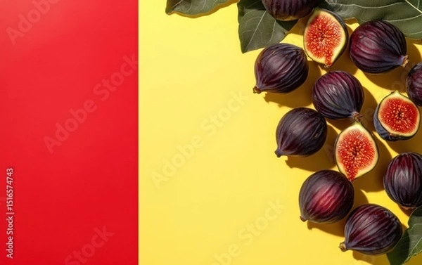 Obraz Whole and halved ripe figs on yellow-red surface with green fig leaves.
