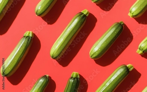 Fototapeta Top-down view of fresh zucchini pattern on vibrant red gradient background with hard shadows.