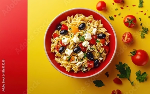 Obraz Fusilli pasta salad with cherry tomatoes, feta, olives, herbs on plate on yellow-red background.