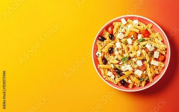 Obraz Fusilli pasta salad with cherry tomatoes, feta, olives, herbs on plate on gradient on orange-red background.