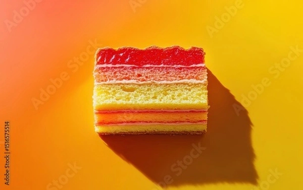 Obraz Piece of sponge cake with red, orange and yellow layers with jelly and white cream on orange gradient background.