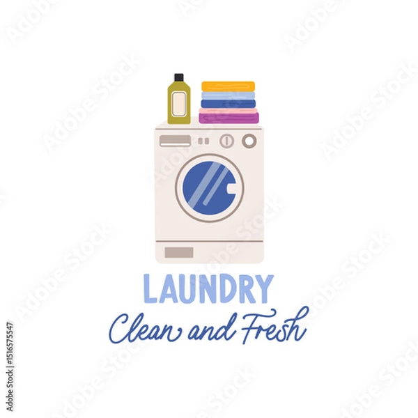 Fototapeta Laundry clean and fresh vector quote. Washing machine, clean laundry folded in a pile and detergents. Laundry illustration isolated on white background.
