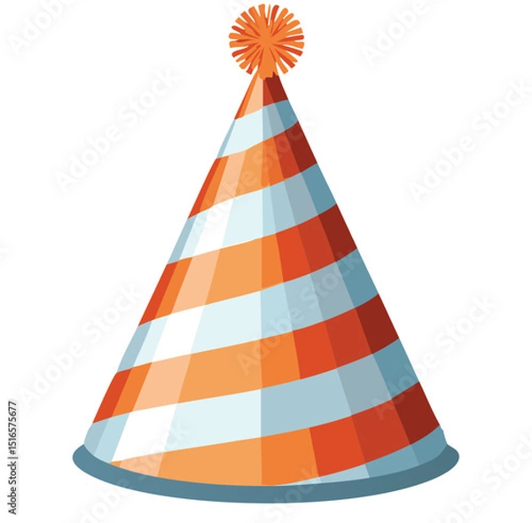 Fototapeta Vector graphic of a striped orange and cream-yellow birthday party hat with green edging and a decorative top pom-pom, shown in clean minimalist style with white background

