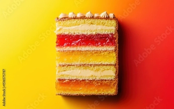 Obraz Piece of sponge cake with red, orange and yellow layers and white cream on yellow-red gradient background.