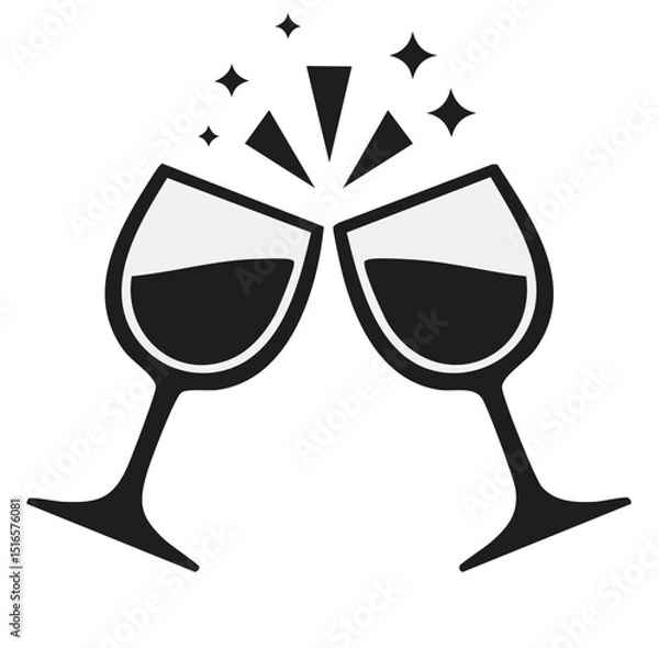 Fototapeta Elegant Black and White Vector Illustration of Wine Glasses in Mid-Toast with Triangular Sparkles, Bold Outlines, and Minimalist Design for Celebration Themes

