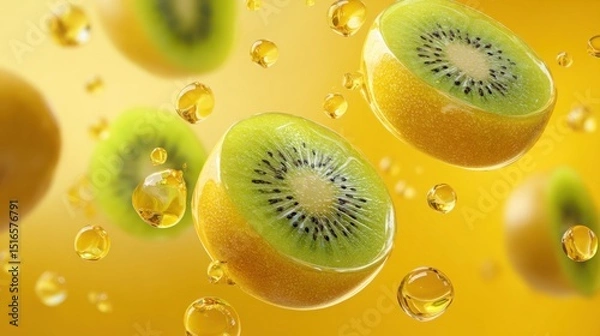 Obraz cross-section of kiwis floating in semi-transparent yellow liquid with glowing splash trails, futuristic fruit pattern 
