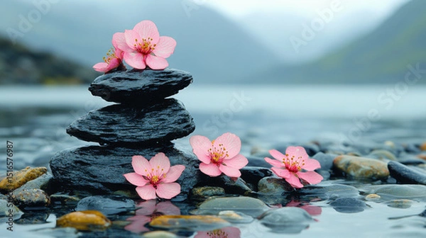 Fototapeta A beautiful arrangement of smooth stones topped with delicate pink flowers, set against a serene water backdrop, evoking tranquility and harmony in nature