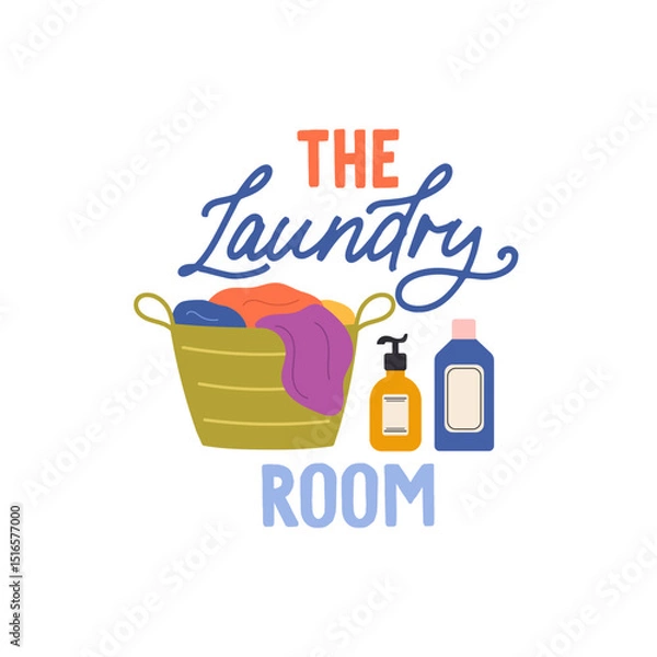 Fototapeta The laundry room vector quote. Detergents and laundry in basket. Laundry illustration isolated on white background.