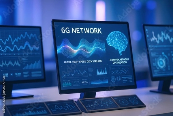 Obraz advanced data analytics showcasing 6g network technology with ultra-high-speed data streams and ai-driven optimization for future connectivity solutions