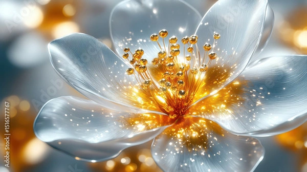 Fototapeta A mesmerizing close-up of a white flower adorned with golden sparkles, showcasing soft light and intricate details, perfect for nature and beauty themes