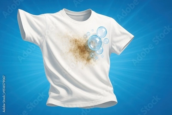 Fototapeta A white shirt with blue bubbles on it. The shirt is dirty and has a stain on it