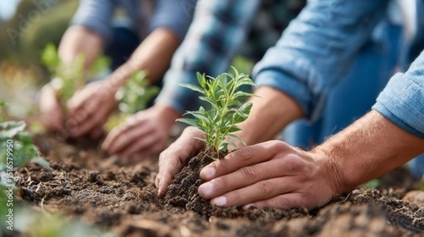 Fototapeta Diverse Corporate Team Collaboratively Planting Trees for Sustainable Environmental Responsibility Initiative Outdoors