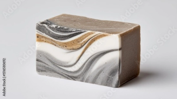 Fototapeta Handmade artisan soap bars with natural clay and charcoal swirls on white background