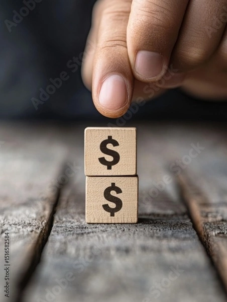 Fototapeta A hand is holding two wooden blocks with the word "dollar" on them