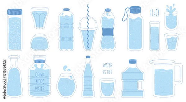 Obraz Collection of bottles, glasses, carafes, water jars in different shapes and styles. Set of plastic and glass containers for liquids in blue color. Flat contour style with textures