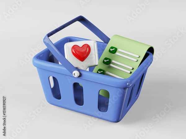 Fototapeta 3d rendering illustration of shopping basket with check list like heart icon. Three-dimensional illustration concept of online buy sell purchase market order.