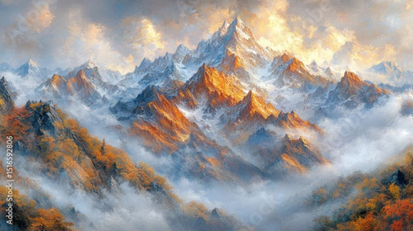 Fototapeta A stunning mountain landscape showcases towering peaks bathed in golden sunrise light, surrounded by soft clouds and vibrant autumn foliage, evoking tranquility