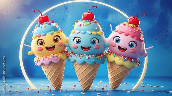 Obraz Three cheerful 3D cartoon ice cream cones, each topped with colorful spring