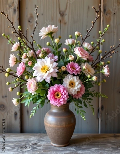 Fototapeta flowers with branches in a rustic vase